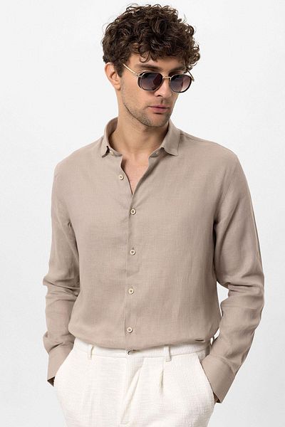Antioch Beige Collar Button Detailed 100% Linen Men's Shirt