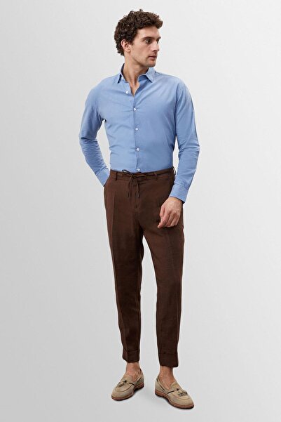 Antioch Mavi Yaka Düğme Detaylı %100 Keten Erkek Gömlek