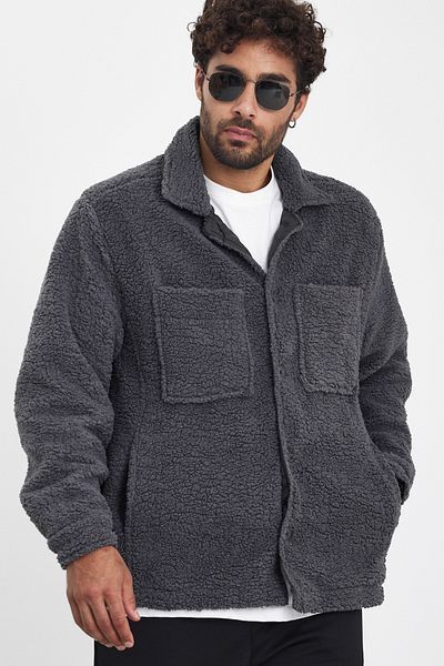 MADZEYMODA Νέα σεζόν Χειμερινό ανδρικό βελούδινο φλις μπουφάν με κουμπιά ανθρακί χρώματος Mz86059