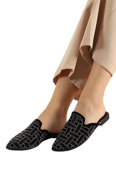 Liger Suede Pointed Toe Stone Designed Women's Slippers Black - Silver