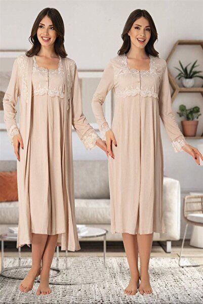ByLohusa Set cămașă de noapte pentru maternitate, maro, cu halat de toaletă