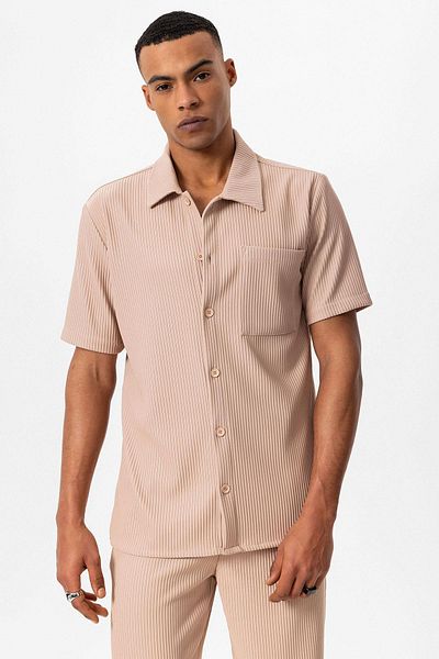 Antioch Beige Corded Short Sleeve Men's Shirt