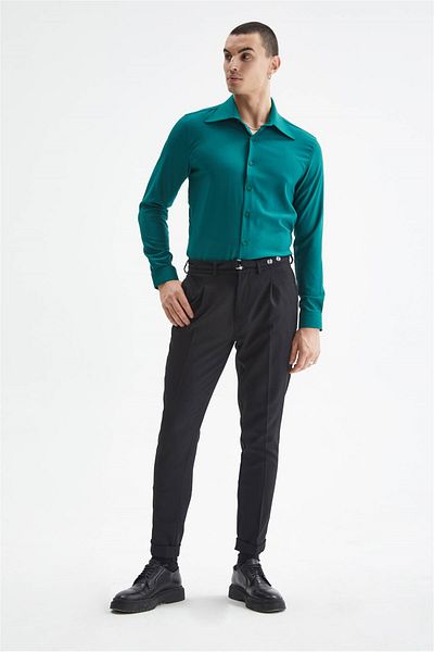 Antioch Green Slim Fit Men's Long Sleeve Wide Collar Shirt