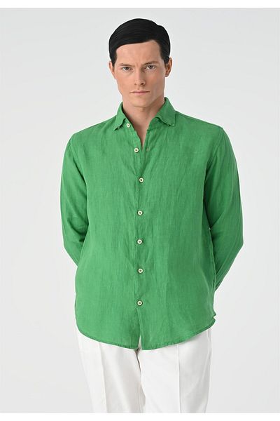 Antioch Pistachio Green Collar Button Detailed 100% Linen Men's Shirt