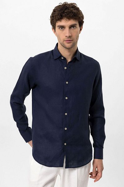 Antioch Navy Blue Collar Button Detailed 100% Linen Men's Shirt