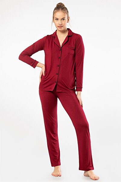 TÜREN 3365 Burgundy Women's Solid Long Sleeve Shirt Collar Pajamas Suit
