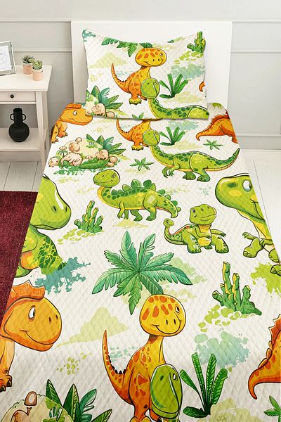 Else Halı Set cuvertură de pat matlasată pentru băiat cu model de dinozauri verde portocaliu