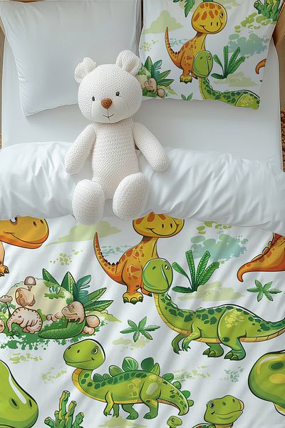 Else Halı Set de lenjerie de pat pentru băiat cu model de dinozauri verde portocaliu cu husă de pernă