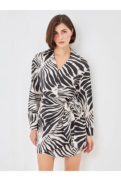 LC Waikiki Lcw Vision Black Printed Shirt Collar Patterned Women's Dress