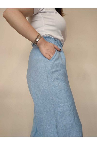 enmodaiçgiyim High Waist and Wide Leg Linen Women's Trousers - Light Blue