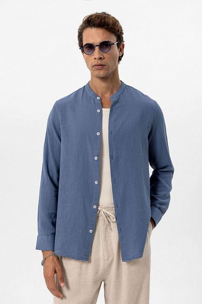 Antioch Men's Shirt - Indigo Stand Collar, Woven