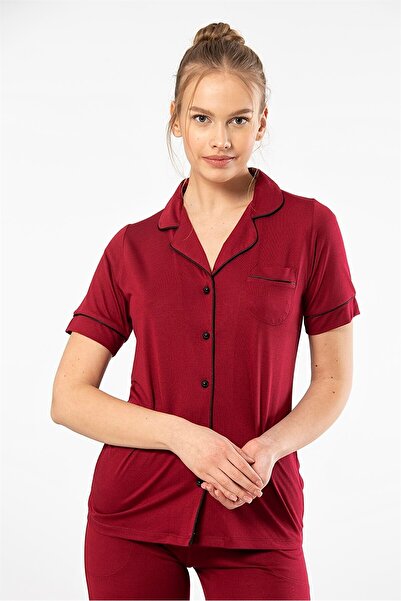 TÜREN 3368 Claret Red Women's Plain Short Sleeve Shirt Collar Pajamas Set