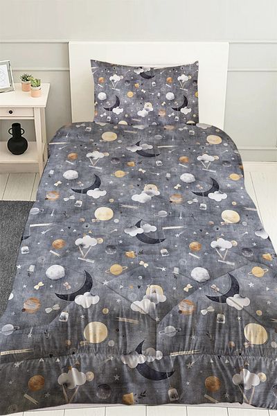 Else Halı Gray Cloudy Moon Grandpa Patterned Boy's Single Quilted Duvet Cover Sleeping Set