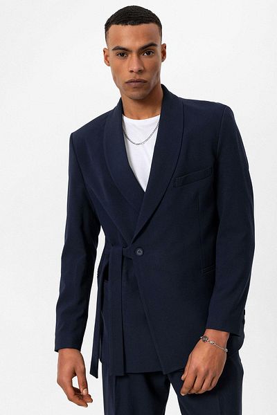 Antioch Men's Blazer - Navy Blue, Double Breasted Closure and Belted Jacket