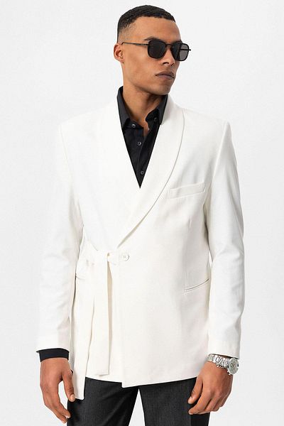 Antioch Men's Blazer Jacket - Ecru Double Breasted and Belted Closure
