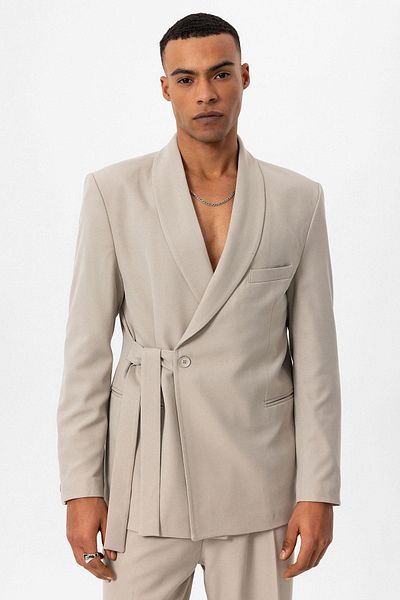 Antioch Ανδρικό μπουφάν Blazer - Πέτρινο διπλό κλείσιμο και ζώνη