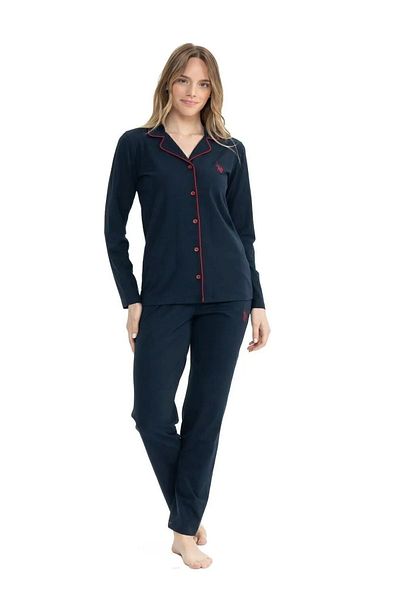 U.S. Polo Assn. BAZA. Polo Assn. 11000 - Set cămașă și pijamale bleumarin pentru femei, mâneci lungi și nasturi în față