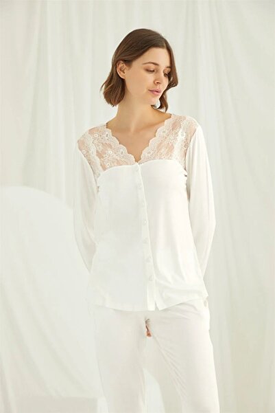 MONAMİSE Women'S, Lace at the Neck and Shoulders, Full-Length Buttons on the Front, Ecru Pajama Set