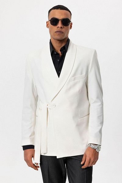 Antioch Men's Blazer Jacket - Ecru Double Breasted and Belted Closure
