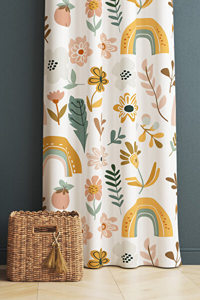 Else Halı Çiçekli Boho Gökkuşağı Desenli Kız Çocuk Odası Fon Perde 140x260cm