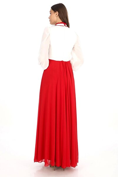 lodmela Κόκκινο βραδινό φόρεμα 2702 - Κεντημένο με δαντέλα στο στήθος