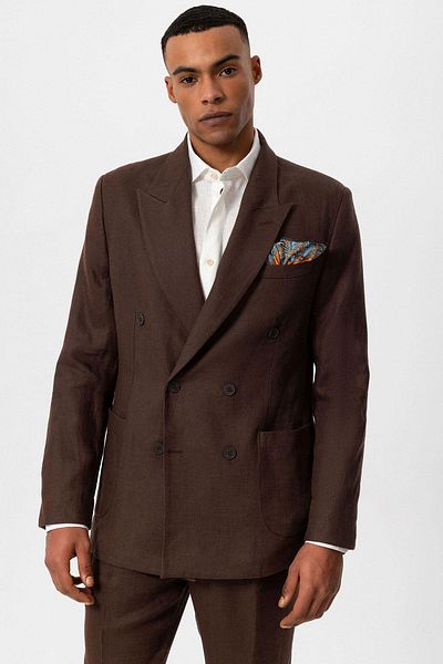Antioch 100% Linen Men's Blazer Jacket - Brown Double Breasted Closure