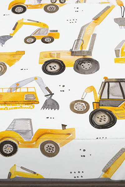 Else Halı Sarı İş Makineleri Desenli Erkek Çocuk Tek Kişilik Yastıklı Çarşaf Takımı 100x200 cm