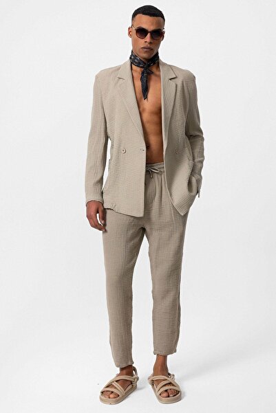 Antioch Men's Blazer Jacket - Beige Double Breasted Closure, Unlined