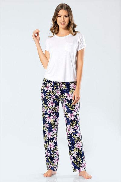 TÜREN 3336 Women's Woven Floral Short Sleeve Pajamas Set Navy Blue