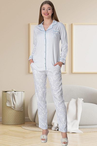 Mecit Pijama Set de pijamale pentru femei Mecit 5143 cu nasturi albastri