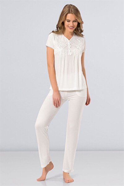 TÜREN Γυναικείο Σετ Πιτζάμες Εκρού με Κουμπιά 3236