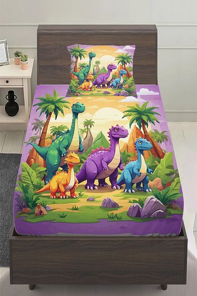 Else Halı Colorful Dinosaur Animals Patterned Children's Single Pillowed Sheet Set 100X200 cm