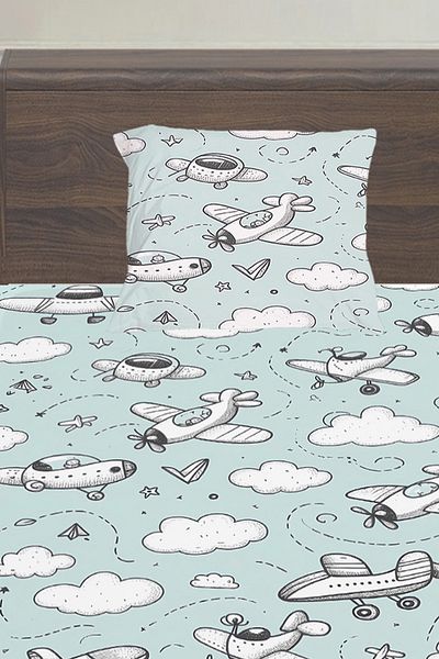 Else Halı Blue and White Airplanes Patterned Boy's Single Pillowed Bed Sheet Set 100X200 cm
