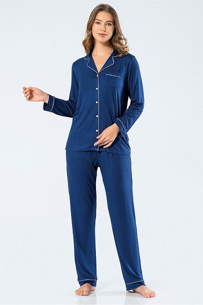 TÜREN 3359 Navy Blue Women's Straight Long Sleeve Shirt Collar Pajamas Set