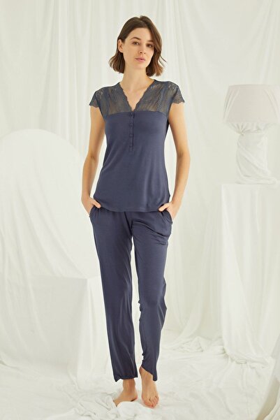 MONAMİSE Σετ πιτζάμες με κουμπιά μπροστά και δαντέλα στο λαιμό και τα χέρια