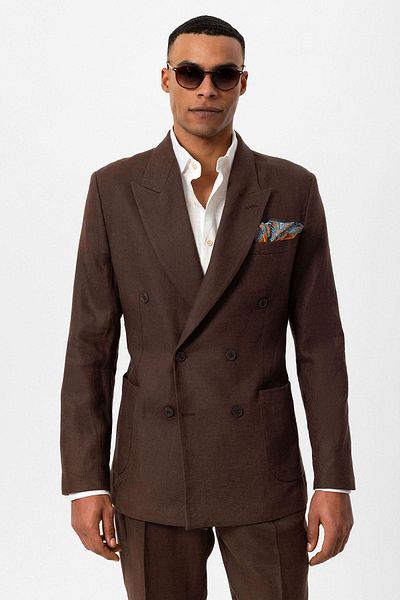 Antioch 100% Linen Men's Blazer Jacket - Brown Double Breasted Closure