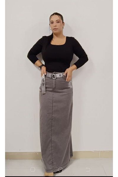 AKŞEN GİYİM 95 cm Ankle Length Full Lycra and Belted Long Skirt - Plus Size Thin Denim Sand
