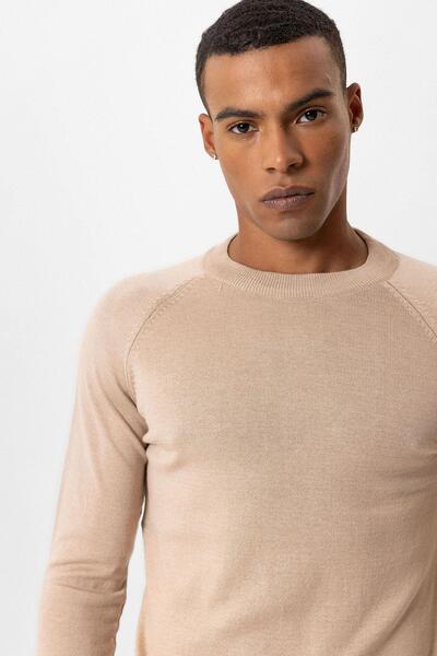 Antioch Beige Crew Neck Slim Fit Knitwear Sweater