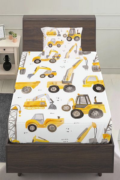 Else Halı Yellow Business Machinery Patterned Boy's Single Pillowed Sheet Set 100X200 cm