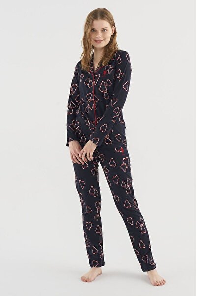 U.S. Polo Assn. U.S. Polo Assn. 16830 Kadın Lacivert Boydan Düğmeli Pijama Takım
