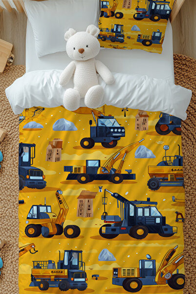 Else Halı Sarı Inşaat Iş Makineleri Desenli Erkek Çocuk Tek Kişilik Nevresim Takımı Yastık Kılıflı