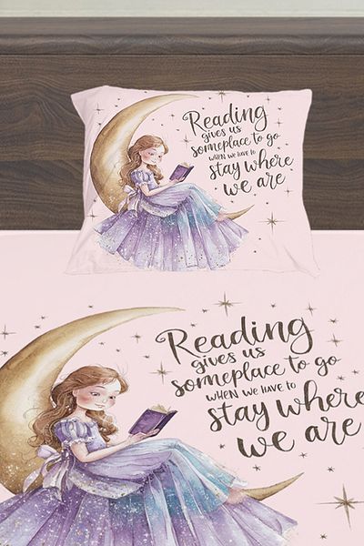 Else Halı Pink Girl Sitting on the Moon Patterned Girl's Single Pillowed Bed Sheet Set 100X200 cm