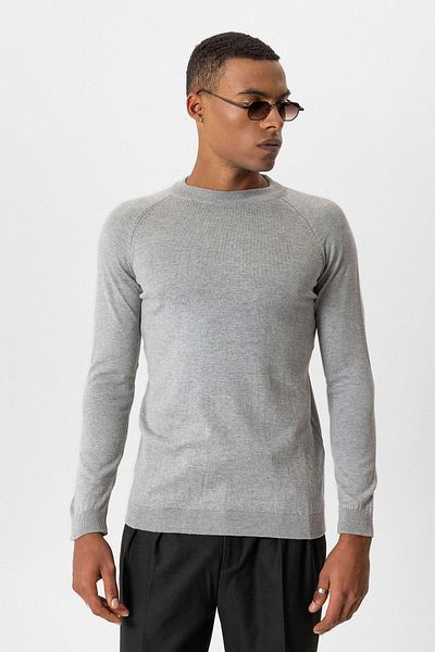 Antioch Gray Melange Crew Neck Slim Fit Knitwear Sweater