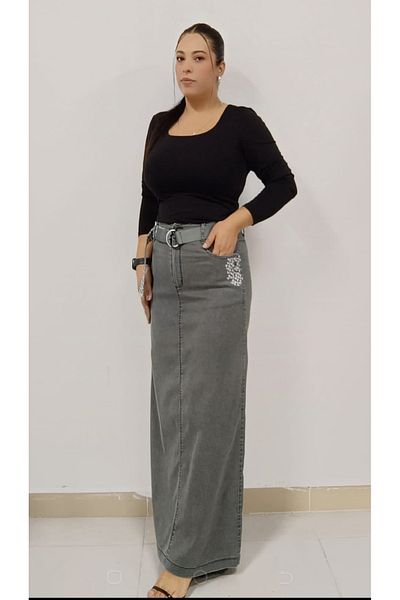 AKŞEN GİYİM 95 cm Ankle Length Full Lycra and Belted Long Skirt - Plus Size Thin Denim Sand