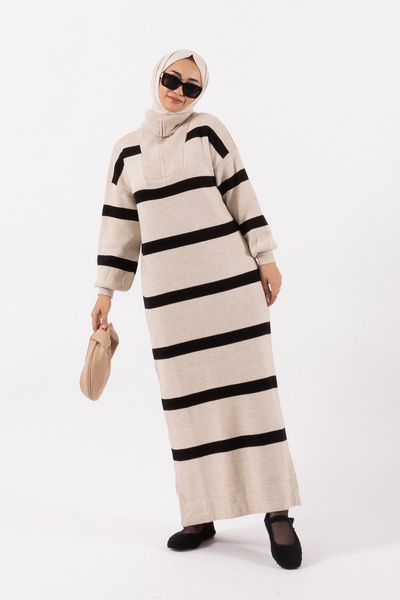 Stilife Liney Triko Elbise Krem/Siyah