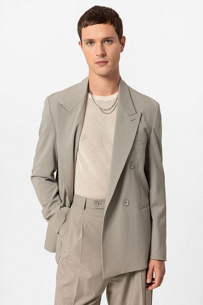 Antioch Men's Blazer Jacket - Light Khaki, Single Button, Double Breasted Cut