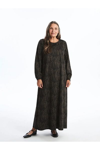 LC Waikiki Γυναικείο φόρεμα LCW Grace Brown Jacquard με στάμπα με λαιμόκοψη