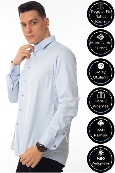 Dicotto Cămașă pentru bărbați, albastră, cu croială normală, cu micro-țesătură, cu butoni - 190-4