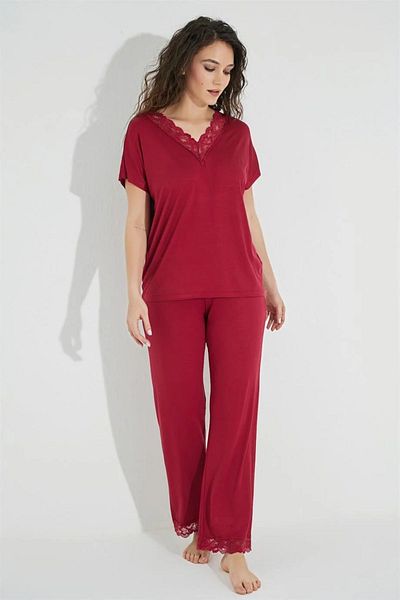 MONAMİSE Monamise Women's Red Lace V-Neck Short Sleeve Pajama Set 18495