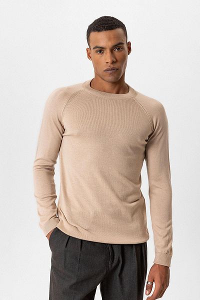 Antioch Beige Crew Neck Slim Fit Knitwear Sweater